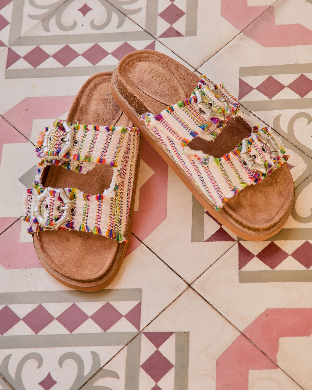 Brylee Textile Multi Color Stitch Buckle Sandals