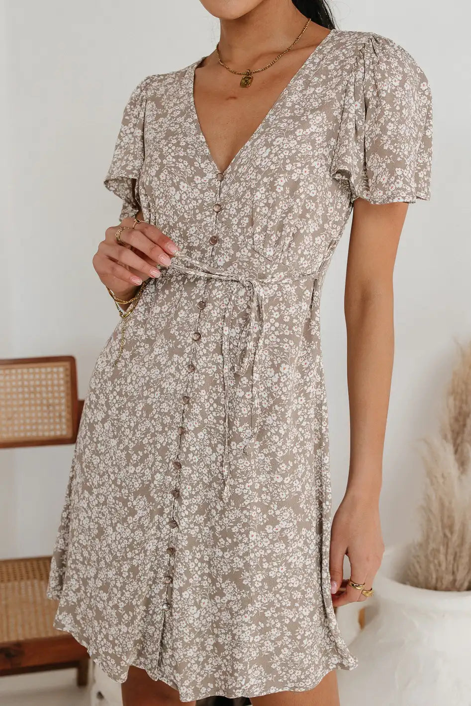 Abbie Floral Mini Dress in Taupe - FINAL SALE
