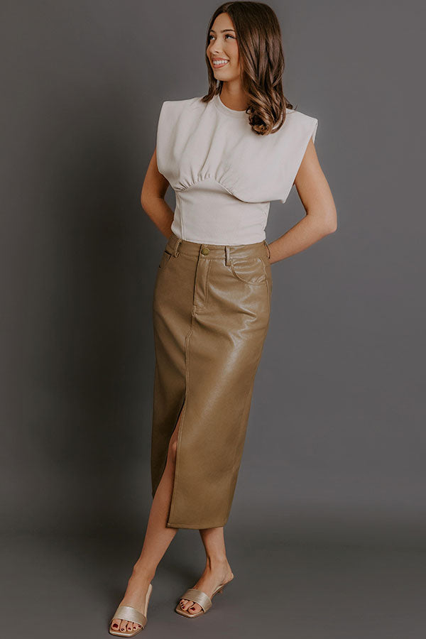 The Eras High Waist Faux Leather Skirt in Taupe