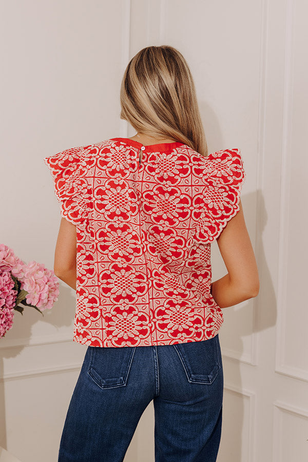 Positano Muse Floral Embroidered Top in Red