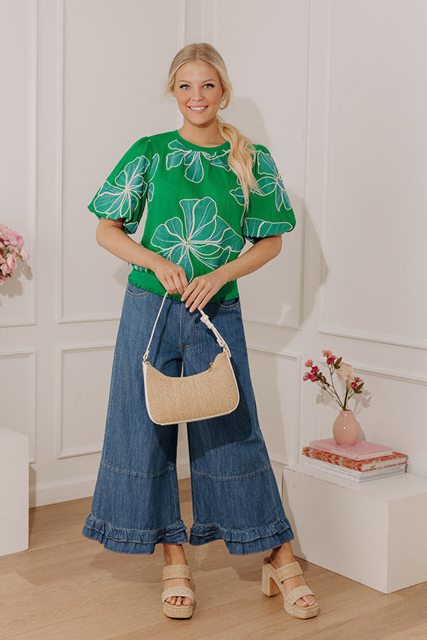 Mediterranean Mood Floral Embroidered Top in Kelly Green