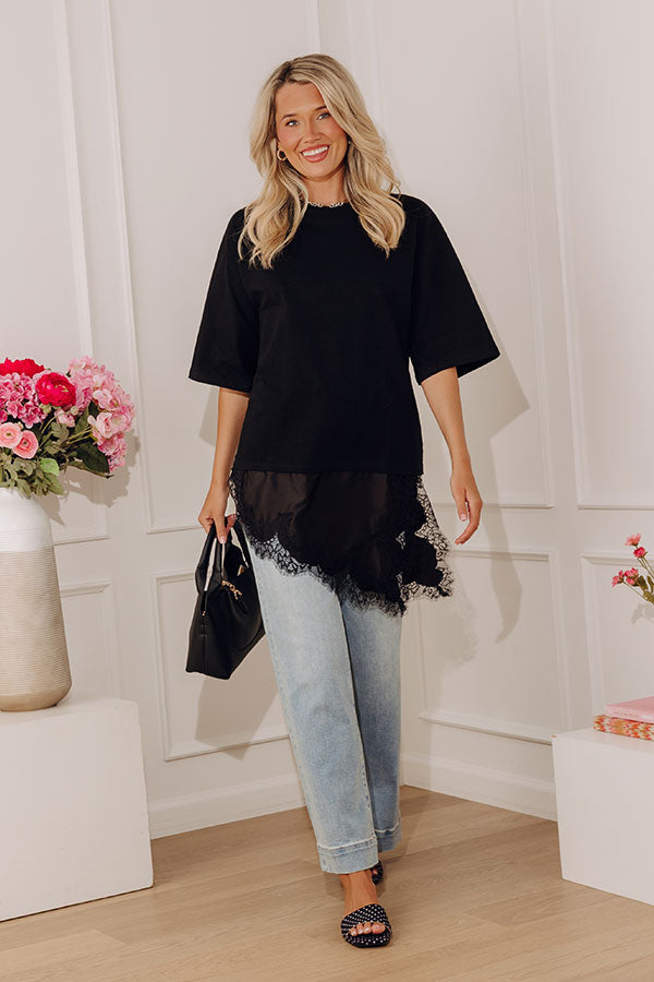 Times Square Chic Asymmetrical Lace Trim Top in Black