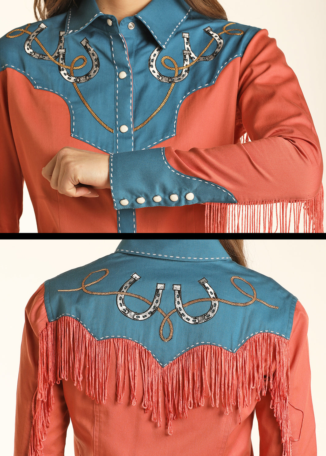 ROCK & ROLL LADIES RUST FRINGED RETRO SNAP SHIRT