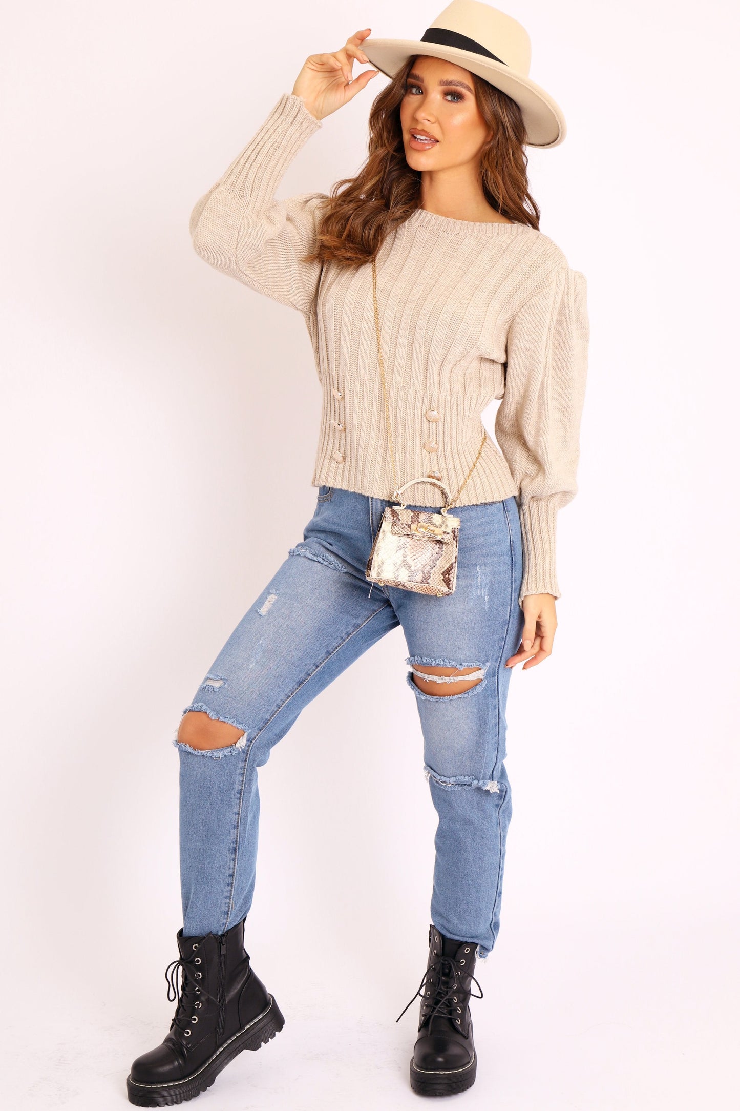 Beige Snake Faux Croc Mini Handbag - Ramie
