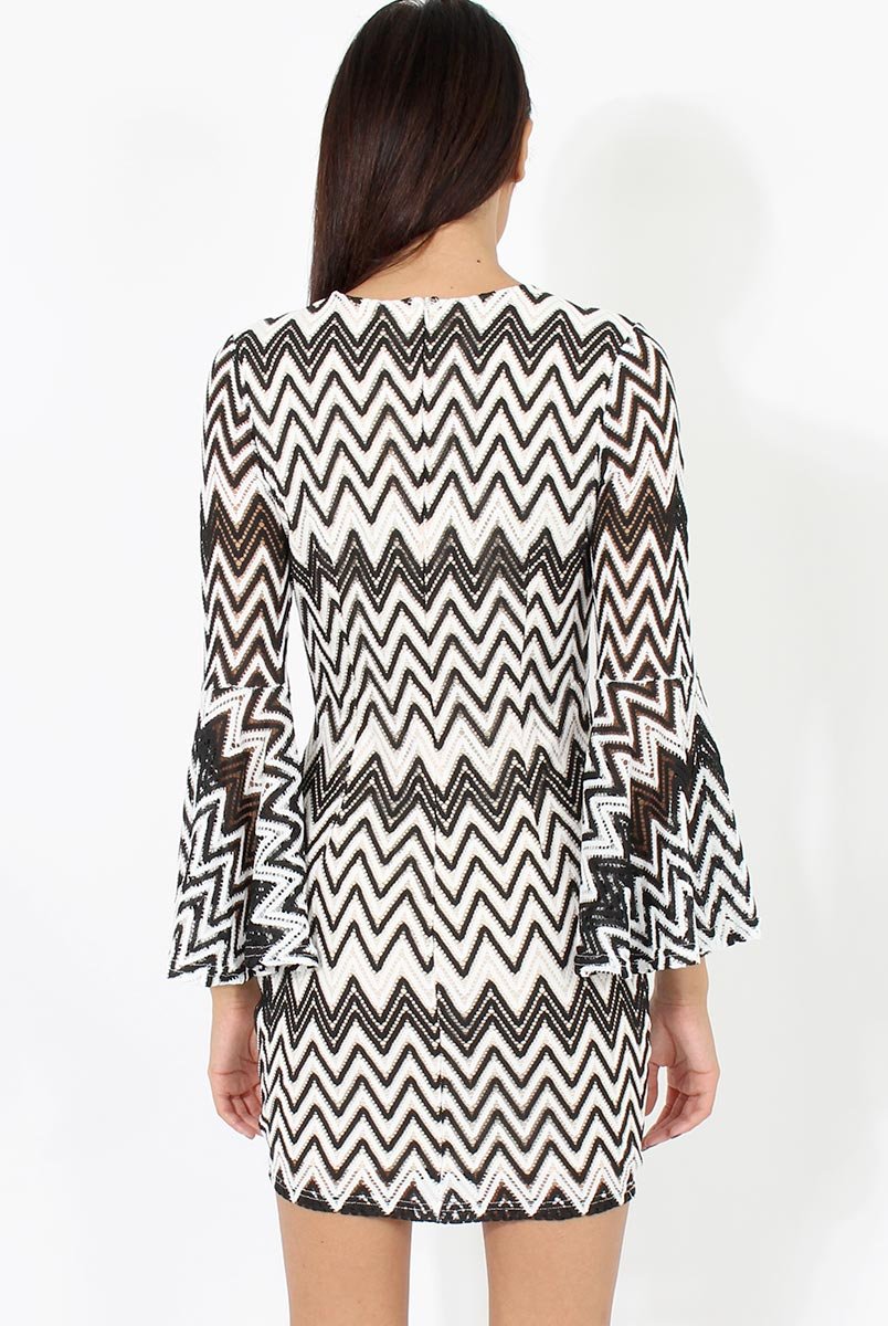 Black & White Crochet Flare Sleeve Dress - Kady