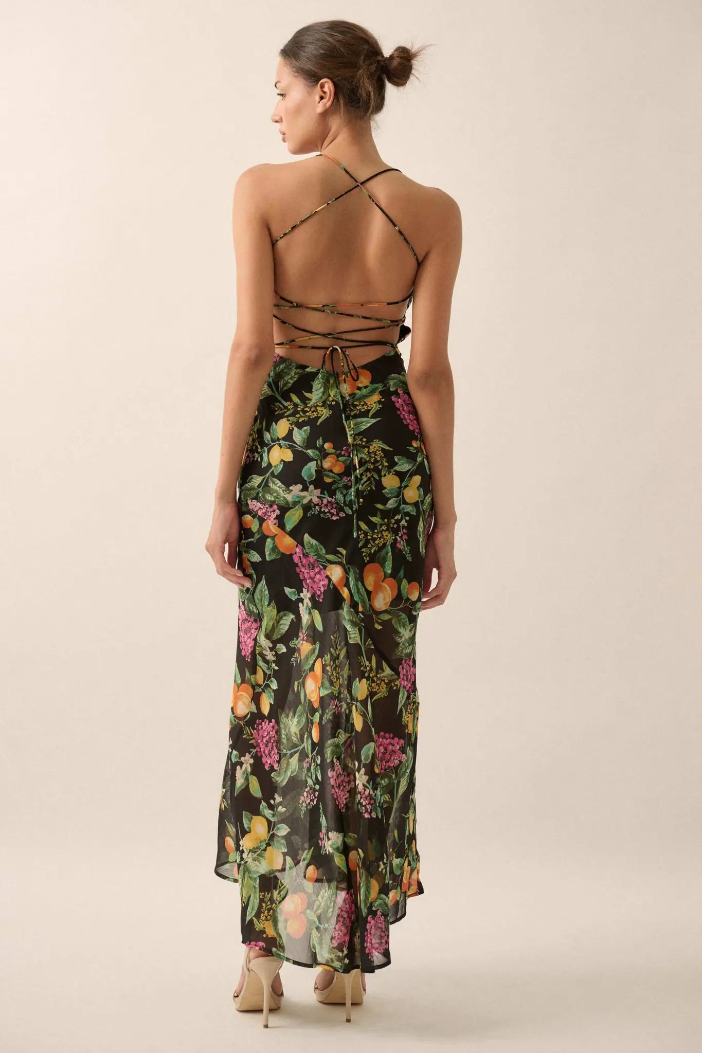 Sweet Succulence Fruit-Print Open-Back Maxi Dress