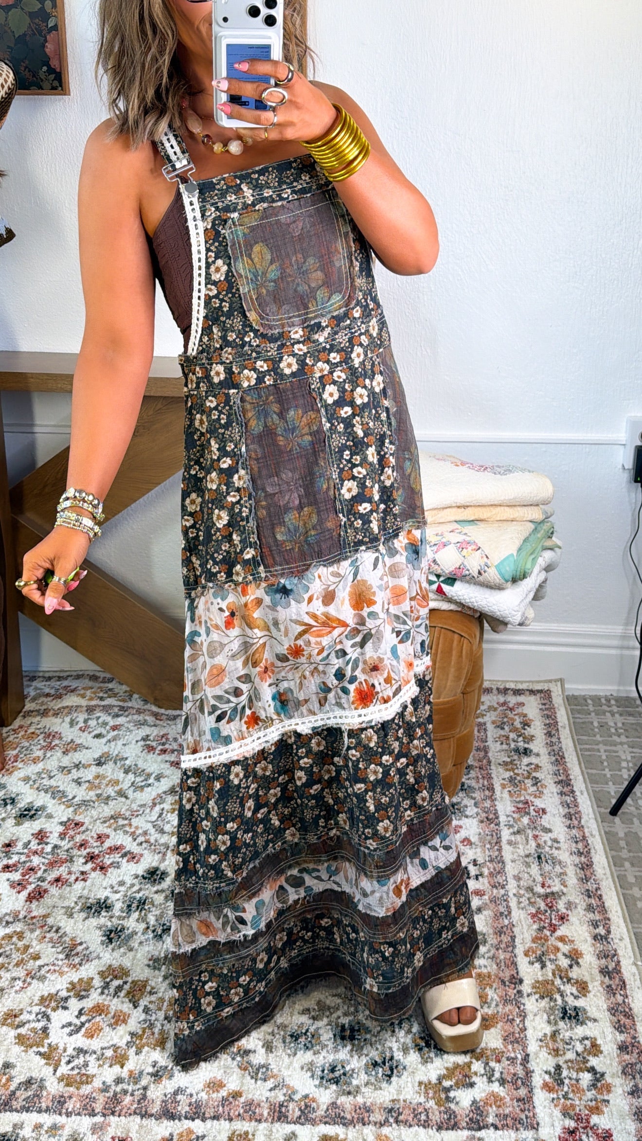 Blush Field Overall Dress, Olive Multi