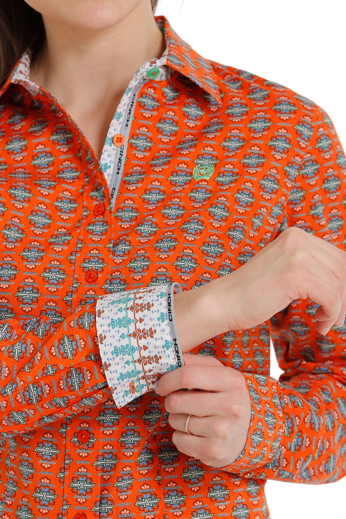 CINCH LADIES ORANGE PRINT LONG SLEEVE SHIRT