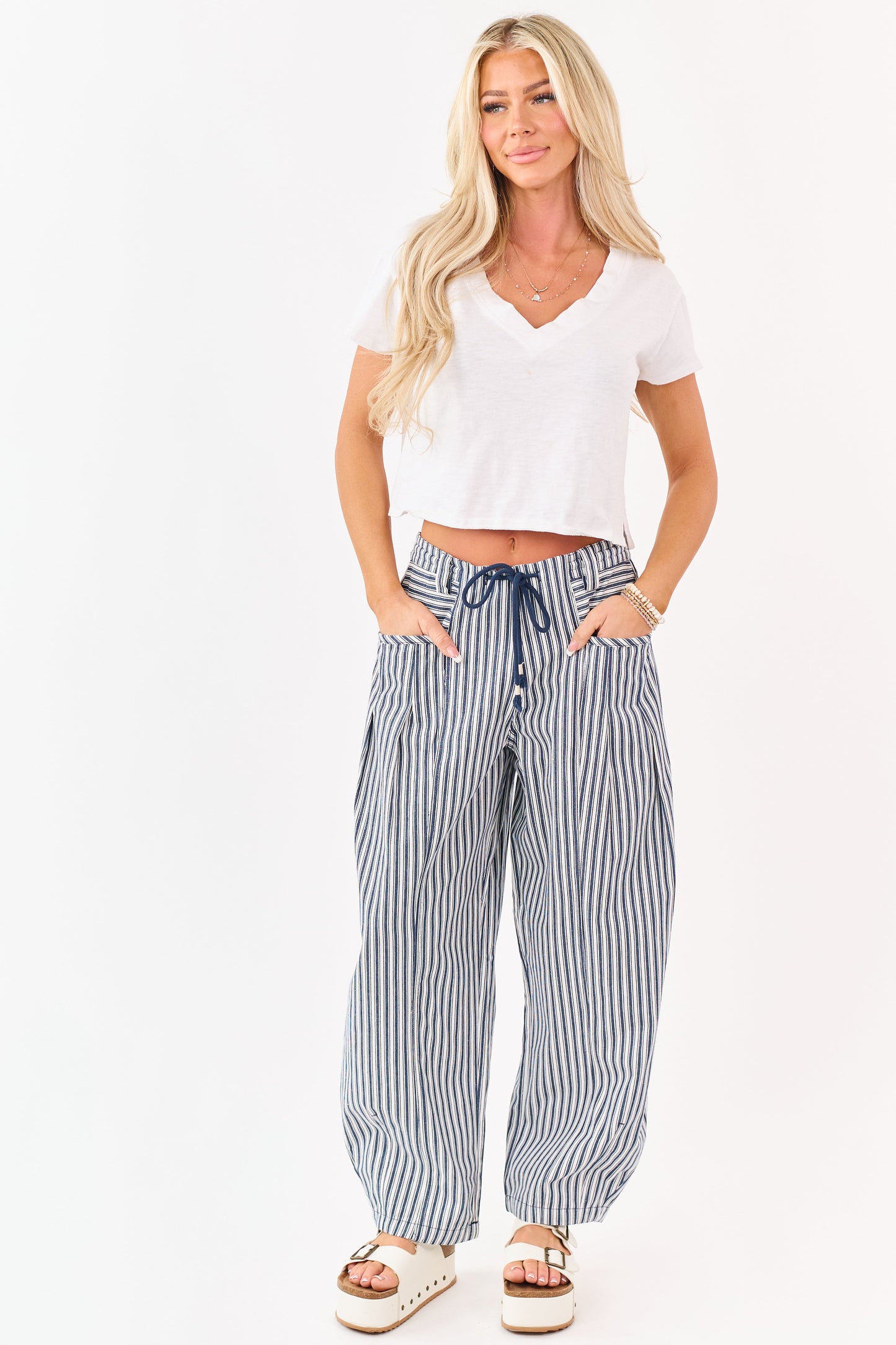 Navy Striped Elastic Waistband Denim Barrel Pants