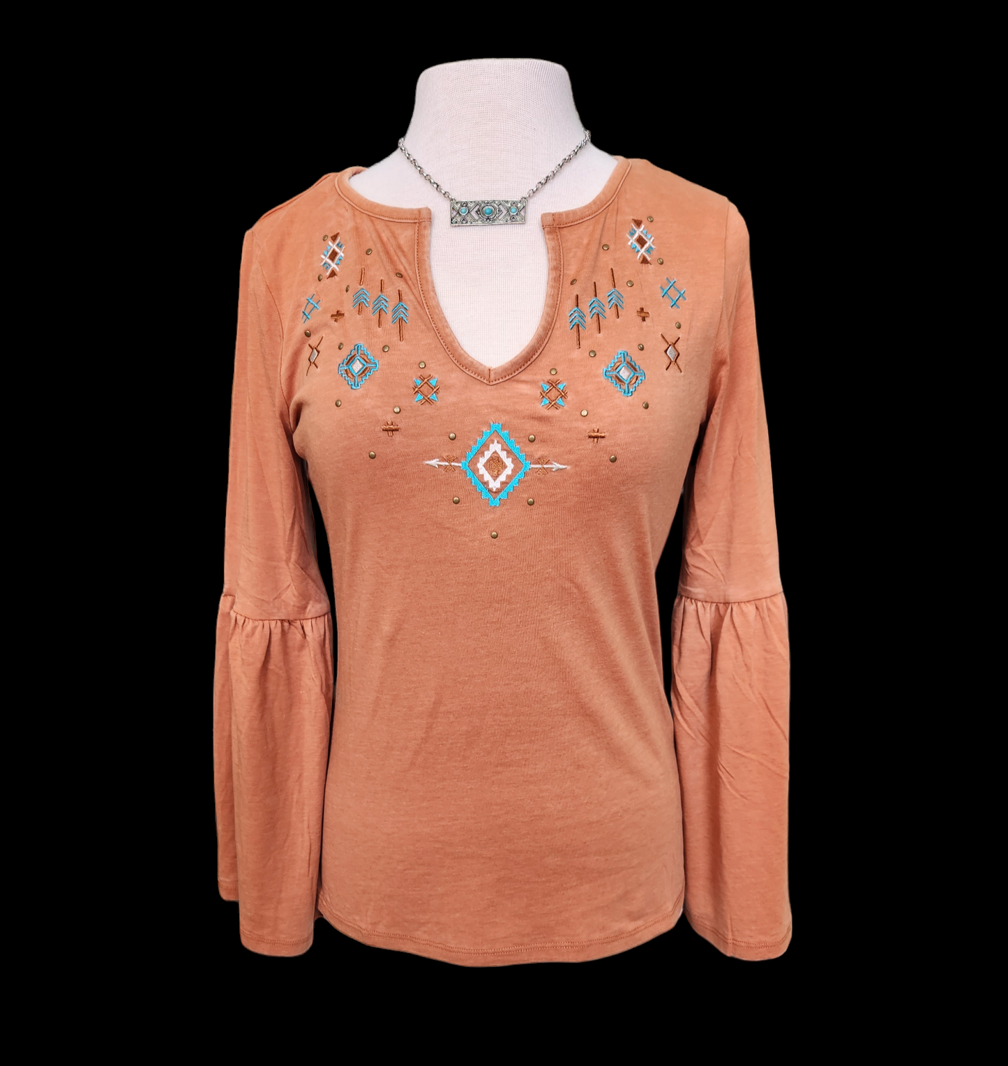 Panhandle Women's Brass Bell Sleeve Aztec Pullover Top