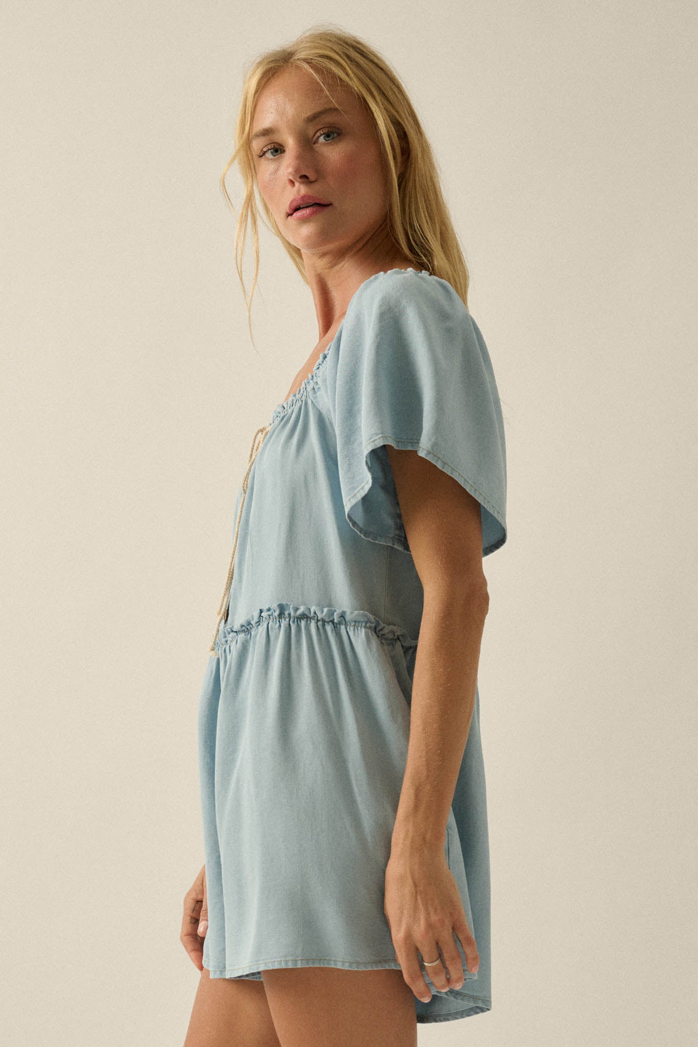 Skies Above Denim Tie-Neck Flutter-Sleeve Romper