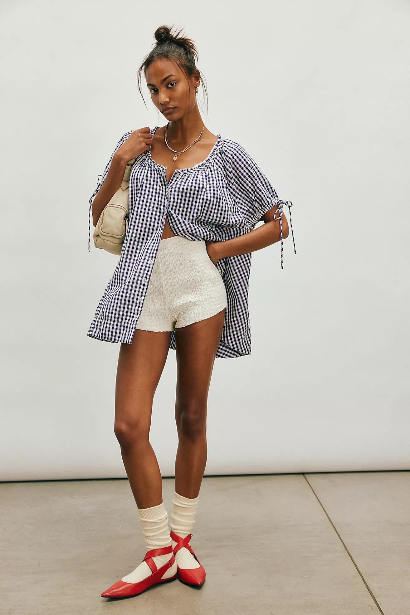 Farley Gingham Tunic - Navy Combo FREE PEOPLE