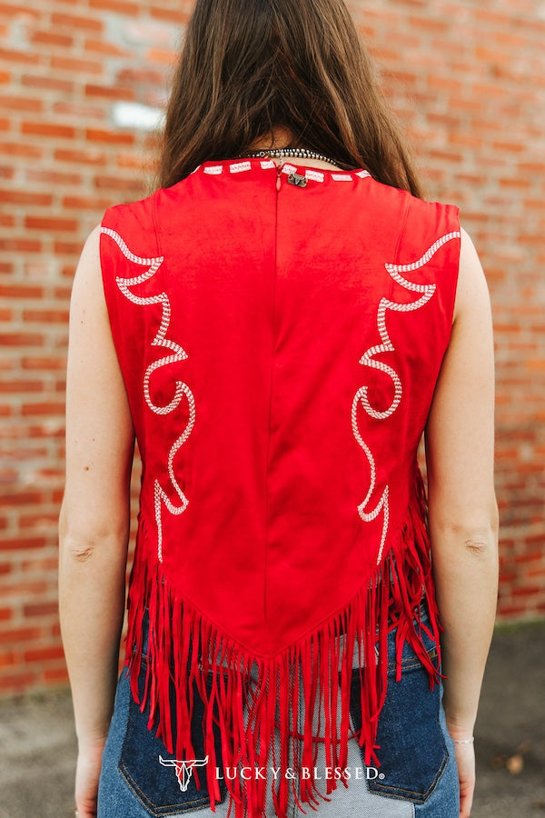 Red Suede Boot-stitch Fringe Hem Embroidered Tank