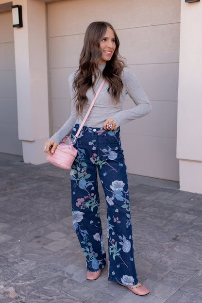 Dreamy Floral Wide Leg Denim Pants
