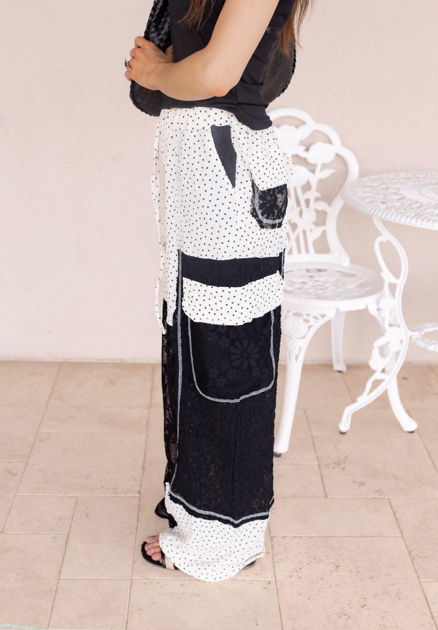 Relaxed Fit Lace Pants with Stitch Detail and Floral Pattern