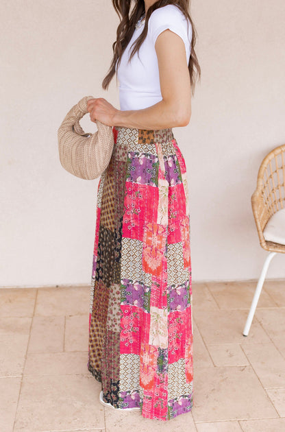 Gypsy Flare Hand Stitch Accents Printed Woven Pants