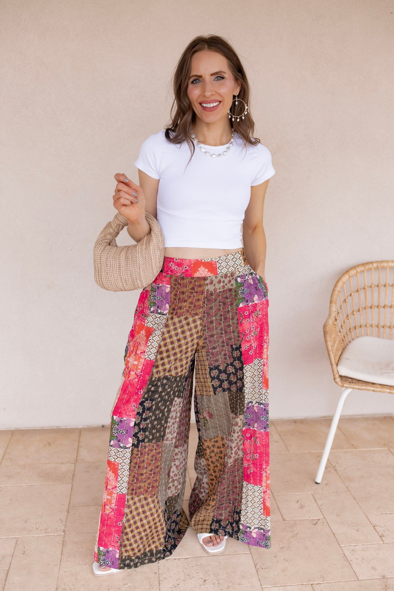 Gypsy Flare Hand Stitch Accents Printed Woven Pants