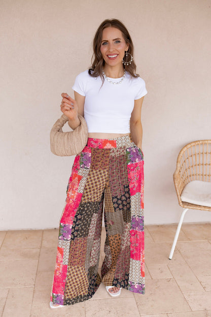 Gypsy Flare Hand Stitch Accents Printed Woven Pants