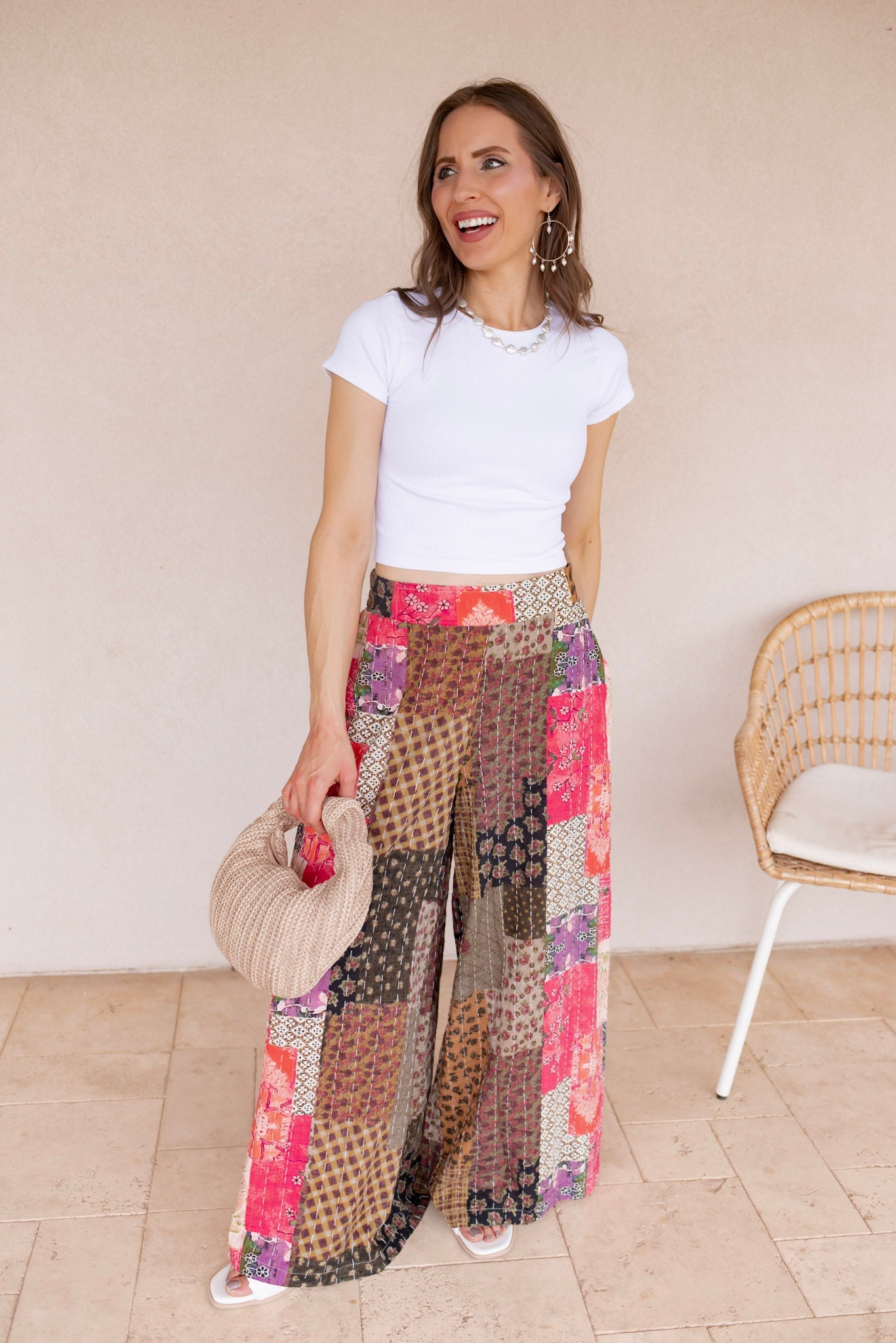 Gypsy Flare Hand Stitch Accents Printed Woven Pants