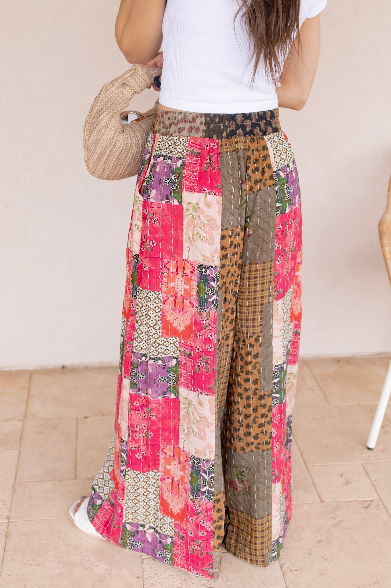 Gypsy Flare Hand Stitch Accents Printed Woven Pants