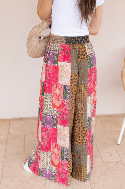 Gypsy Flare Hand Stitch Accents Printed Woven Pants