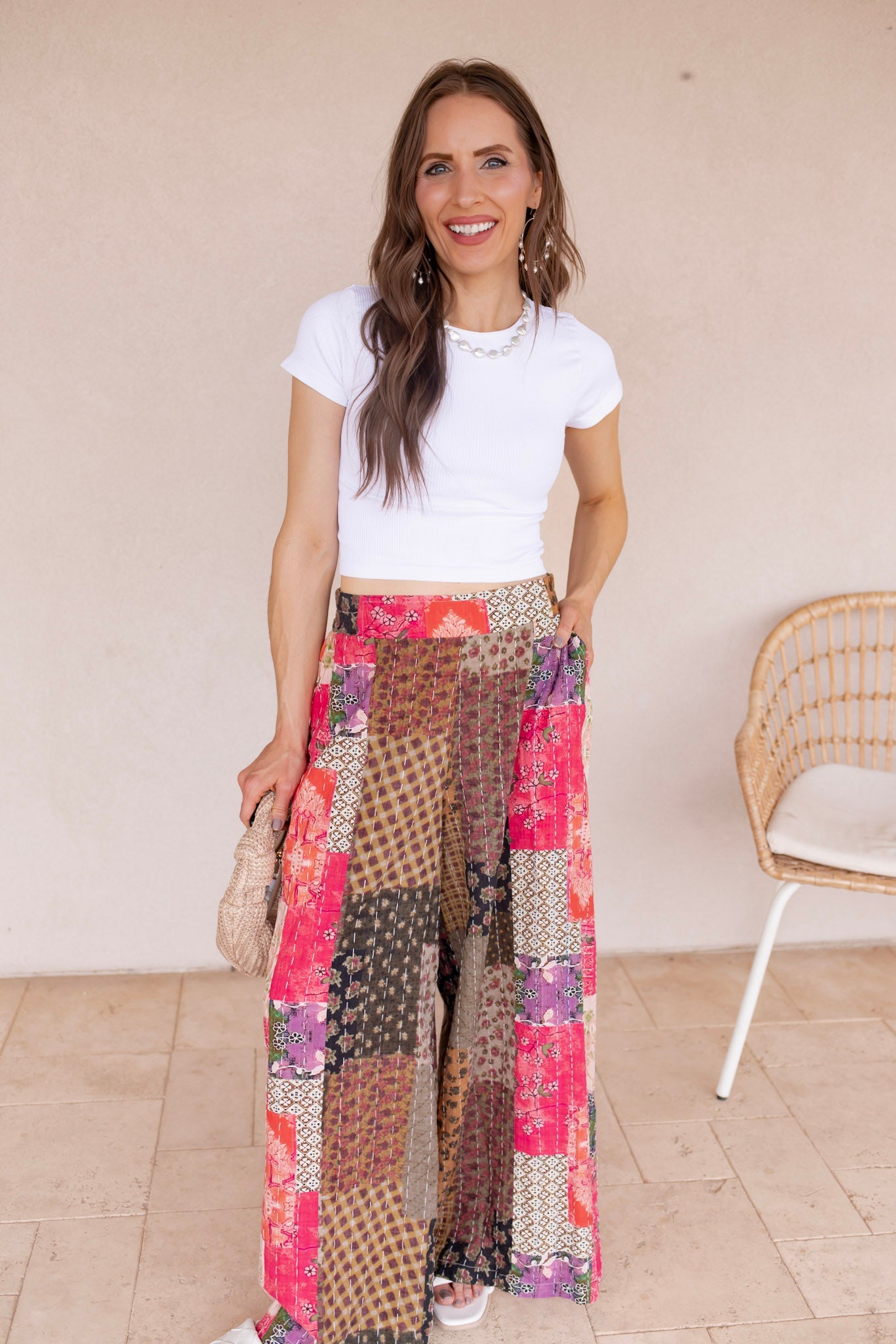 Gypsy Flare Hand Stitch Accents Printed Woven Pants