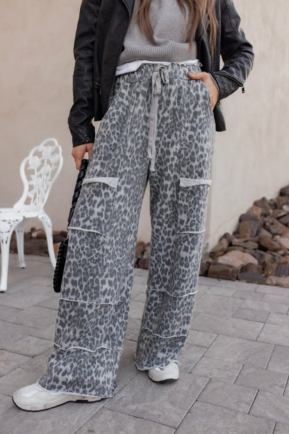 Mineral Washed Animal Leopard Wide Leg Pants
