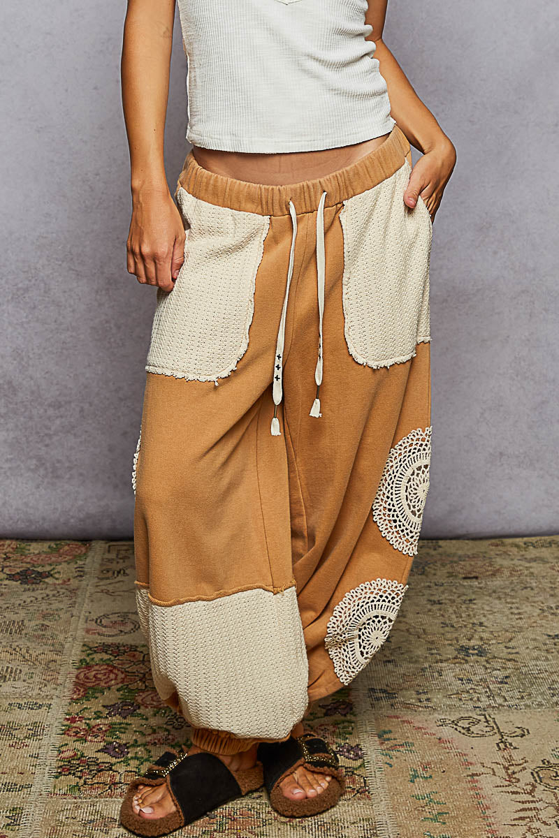 POL Boho Patchwork Crochet Pocket Pants