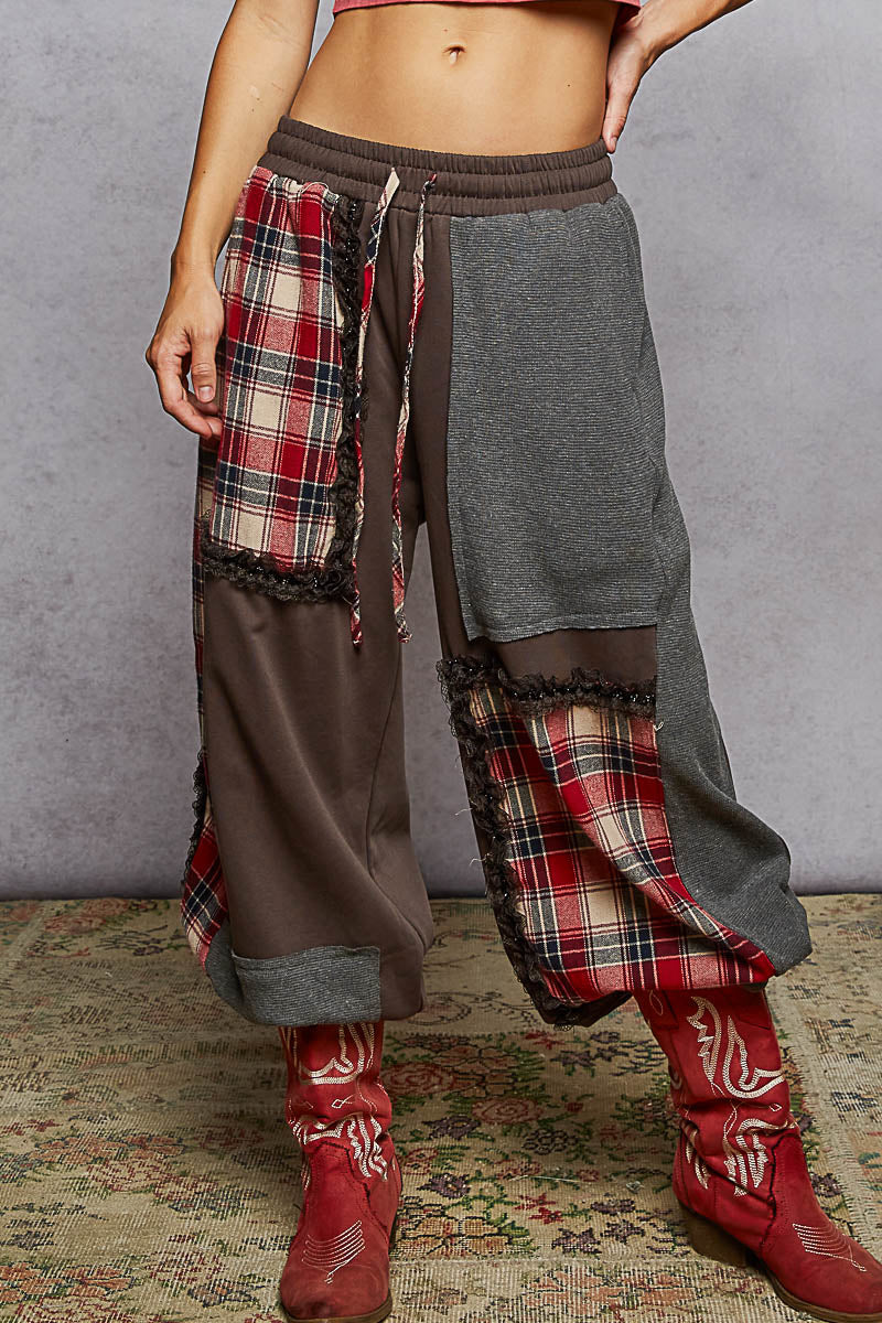 POL Plaid Contrast French Terry Jogger Pants
