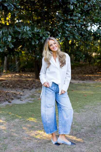 Good Luck Mid-Rise Barrel Jeans - Barnyard Blue FREE PEOPLE