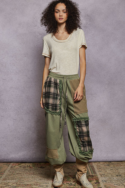POL Plaid Contrast French Terry Jogger Pants