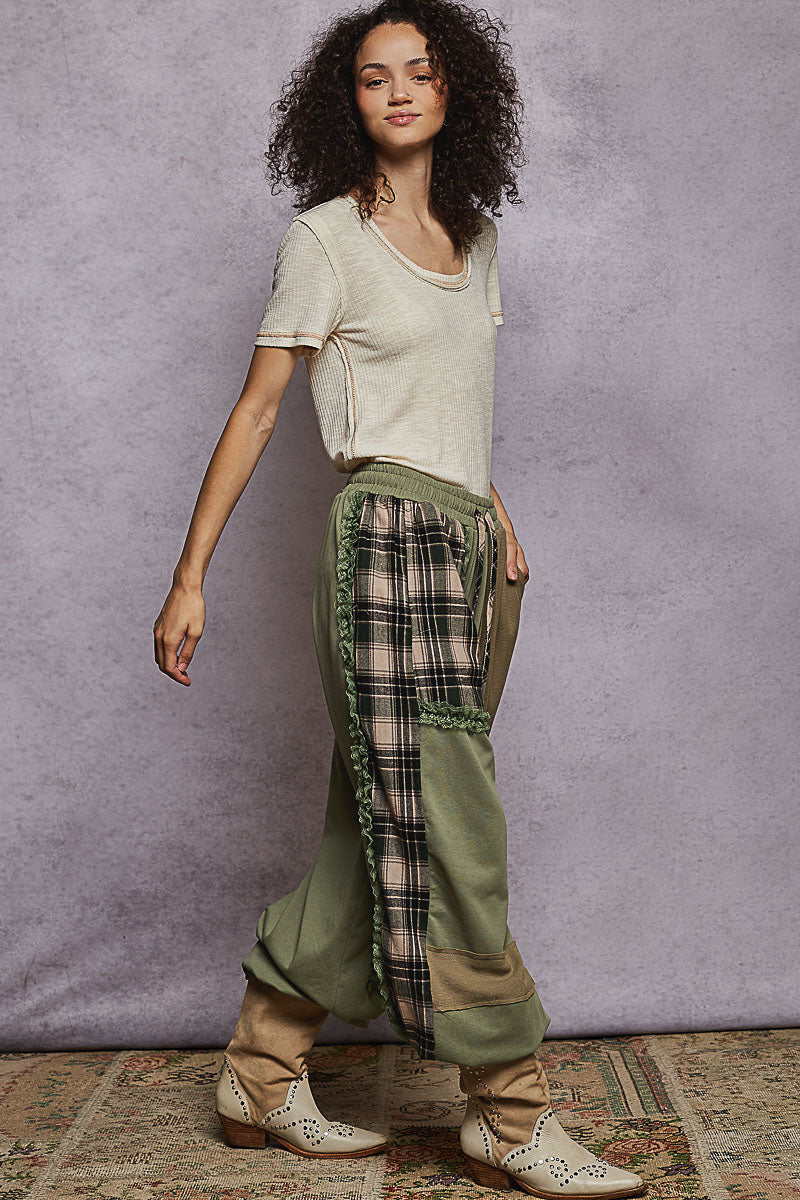 POL Plaid Contrast French Terry Jogger Pants
