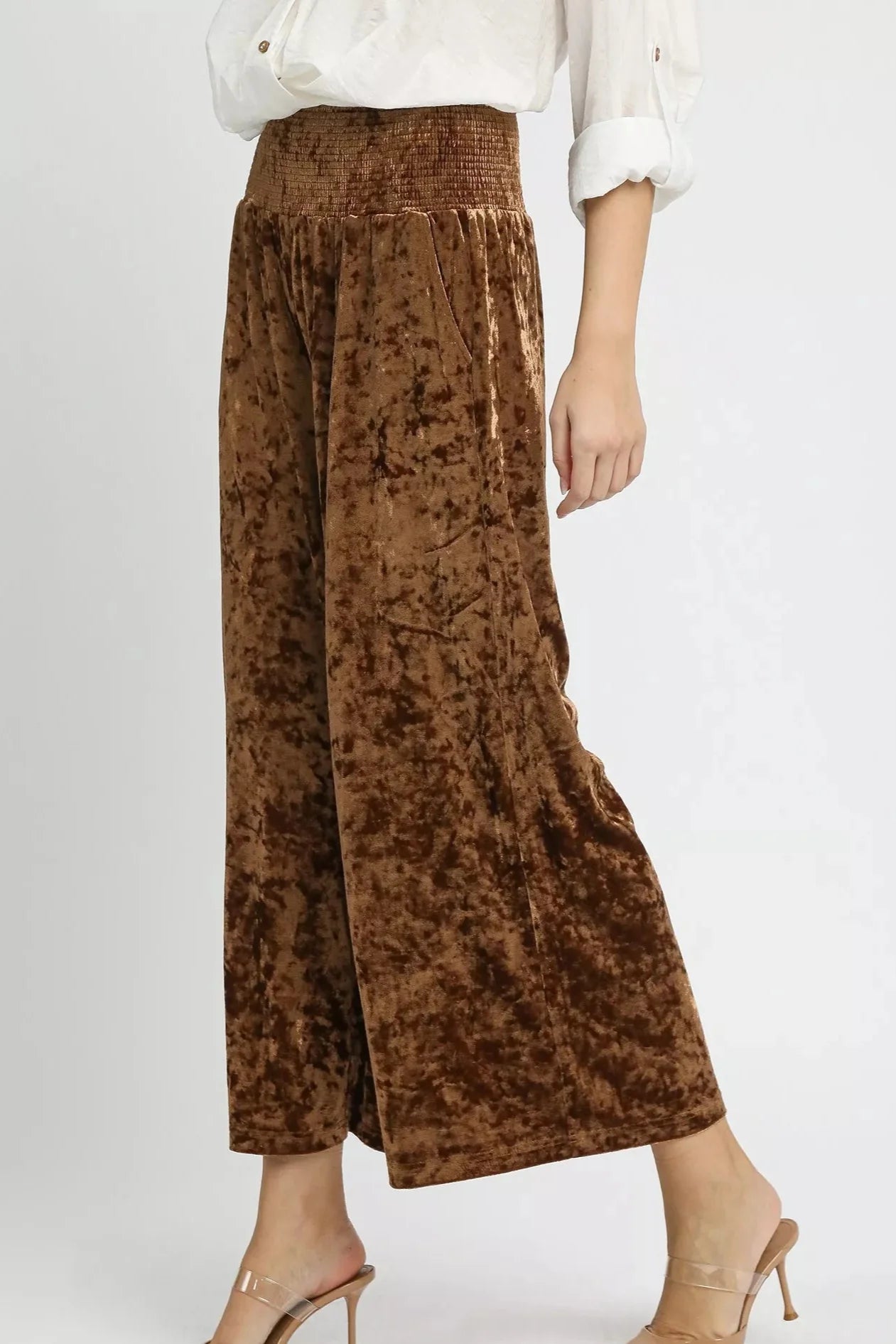 Umgee Velvet Smocked Waistband Wide Leg Pants