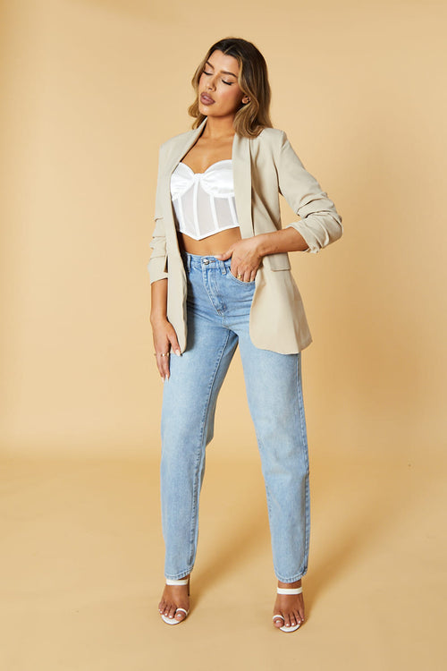 Beige Ruched Sleeves Longline Blazer - Emica