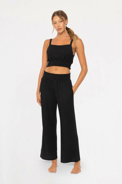 Mono B Smocked Waistband Ribbed Wide Leg Pants