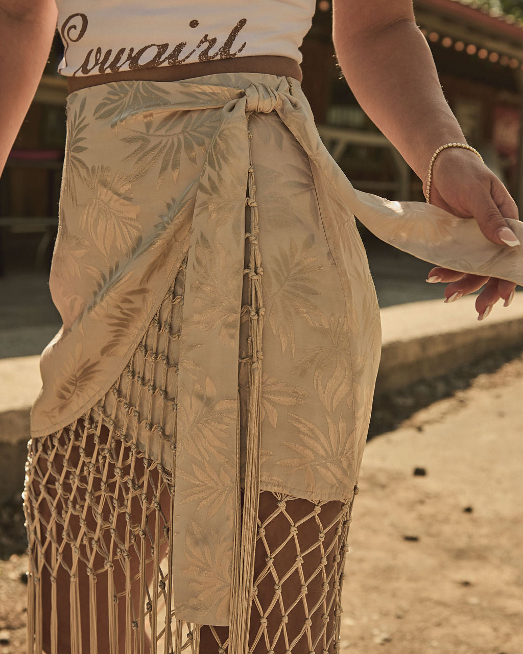Elyssa Fringe Satin Jacquard Wrap Tie Midi Skirt