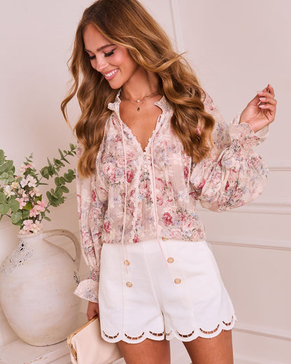 Ethereal Darling Split Neck Tie Floral Blouse