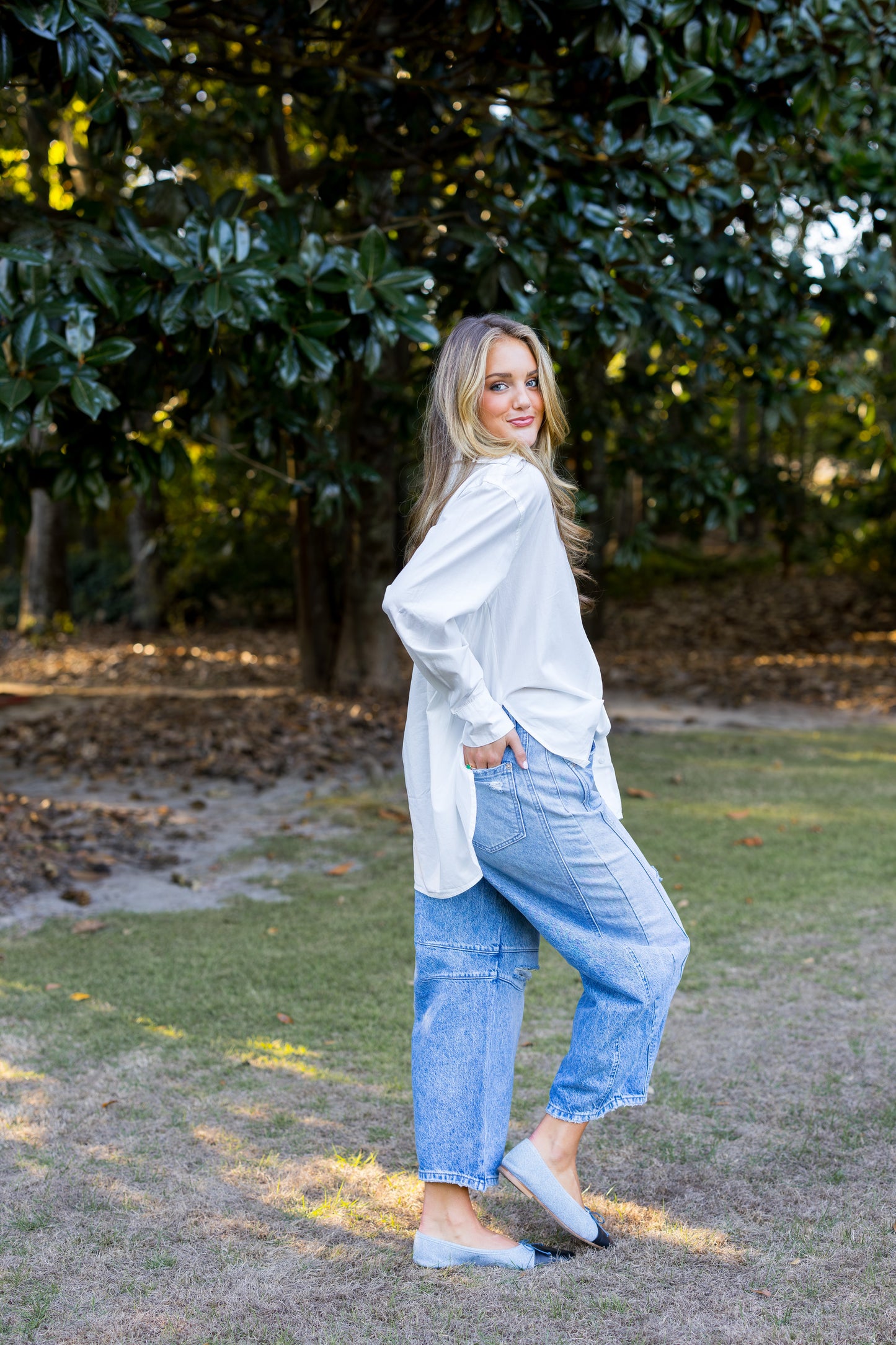 Good Luck Mid-Rise Barrel Jeans - Barnyard Blue FREE PEOPLE