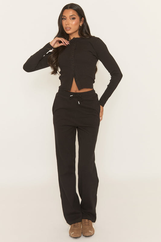 Black Button Front Long Sleeve Top and Trouser Loungewear Co-ord Set - Izzabelle