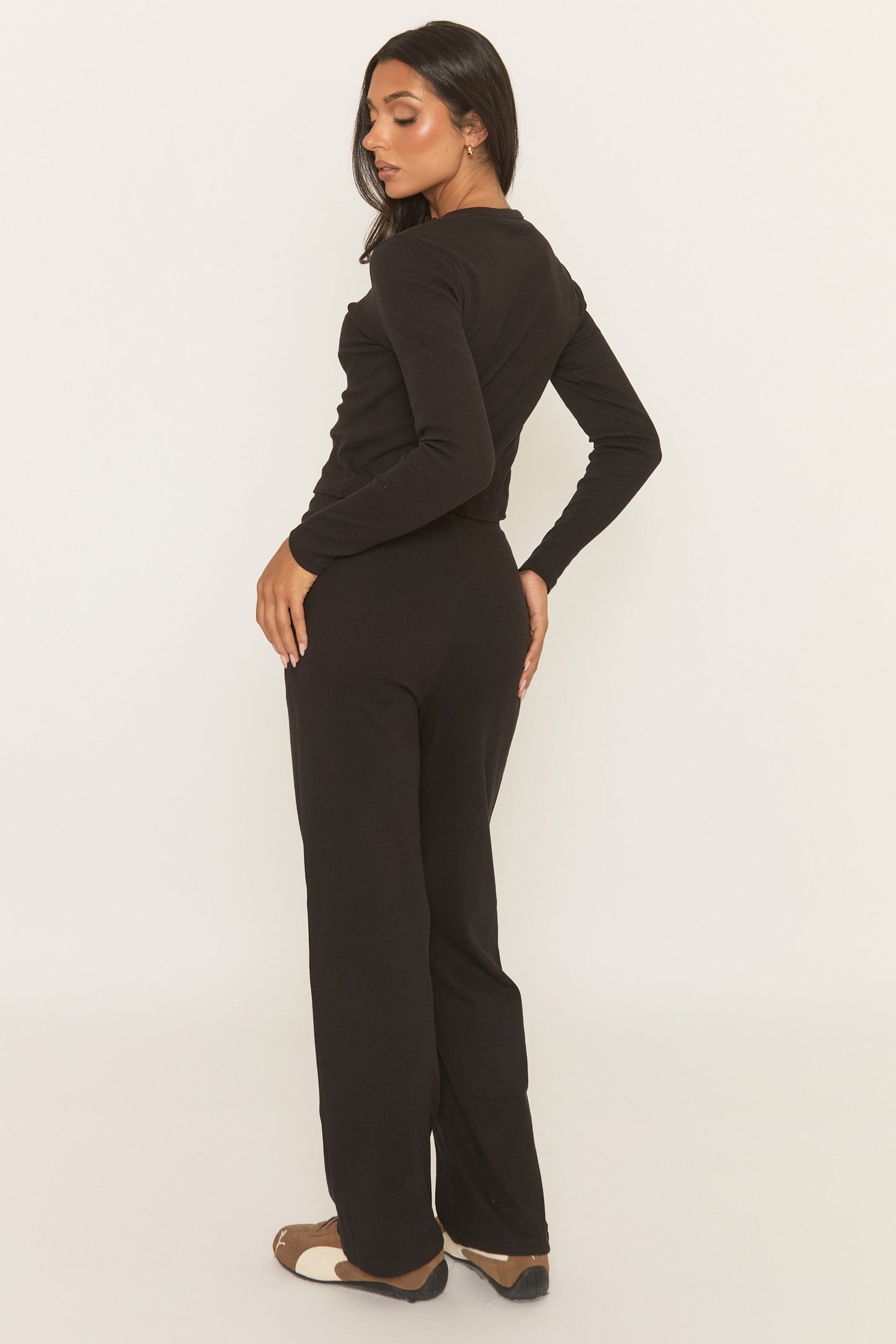 Black Button Front Long Sleeve Top and Trouser Loungewear Co-ord Set - Izzabelle