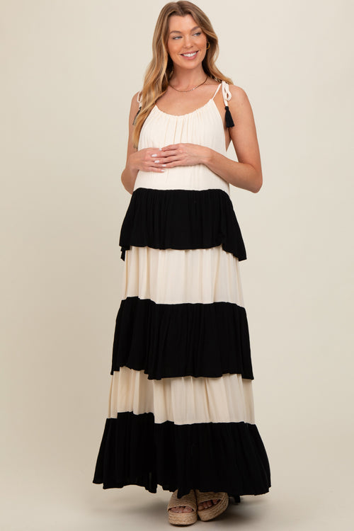 Black Colorblock Tiered Maternity Maxi Dress