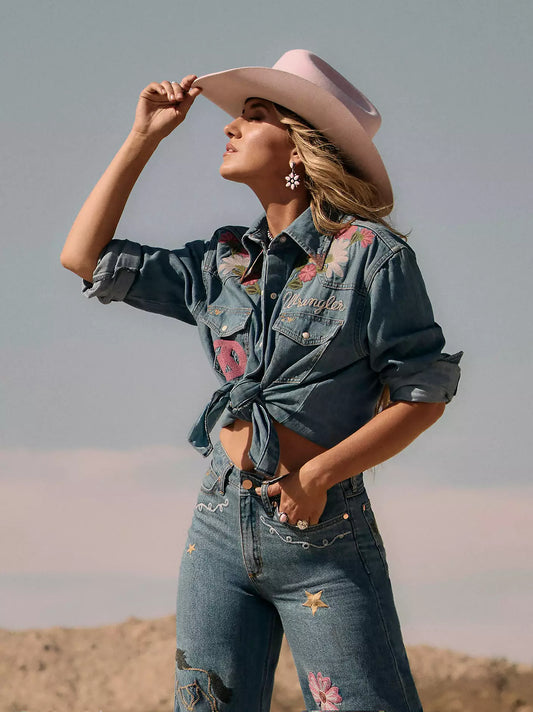 Lainey Wilson x Wrangler Embroidered Medium Wash Denim Shirt