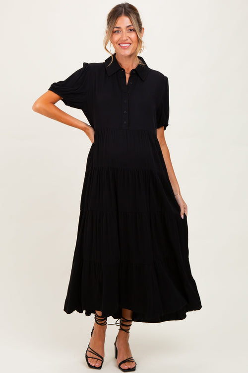 Black Collared Button Down Tiered Maternity Midi Dress