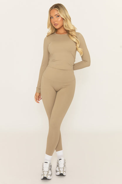Beige Long Sleeve Top and Energise Legging Activewear Set - Shanee