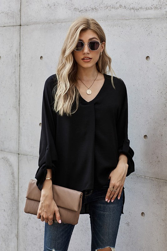 Black V Neck 3/4 Sleeve High Low Hem Blouses