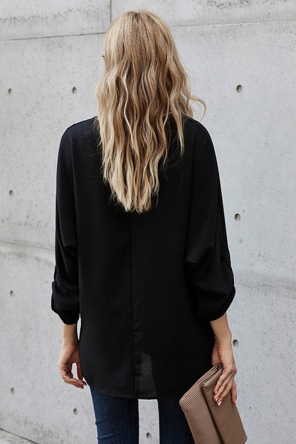 Black V Neck 3/4 Sleeve High Low Hem Blouses