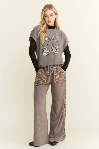 Mineral Washed Leopard Print Pocket Side Trim Pants