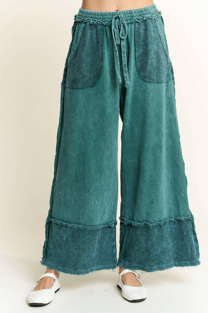J.HER Mineral Wash Wide Pants with Raw Hem Frayed Details