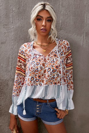 Loose Fit Floral Striped Blouse