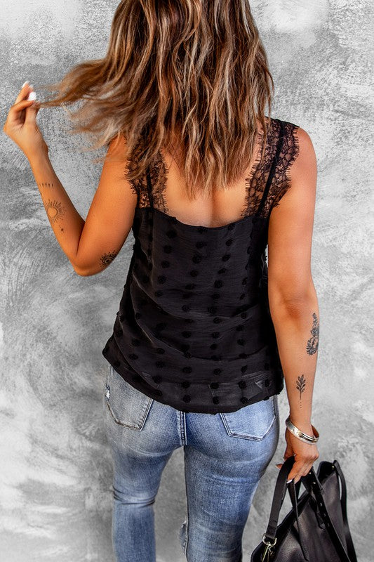 Black Lace Swiss Dots V Neck Tank Tops